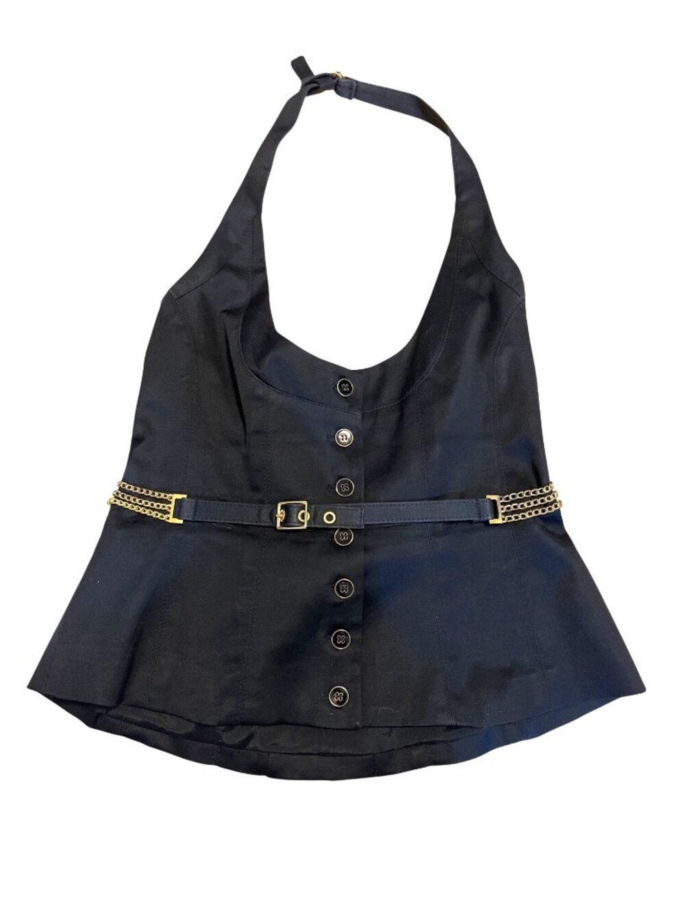Bebe Black Halter Top W/ Gold Chain Belt Button Front Size 8 Cotton Blend